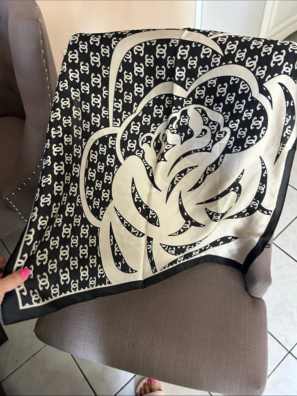 Black & Cream Floral Logo Scarf